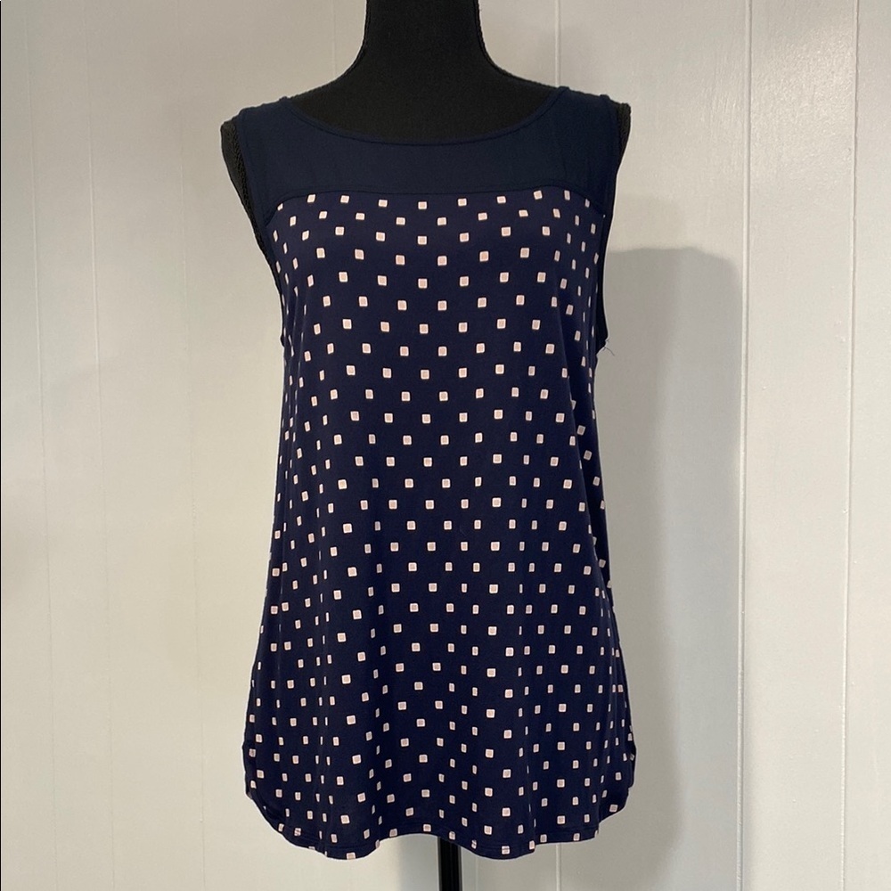 LOFT Tank Top Polka Dots Semi-Sheer Top Dark Blue with Pink Dots Size Medium